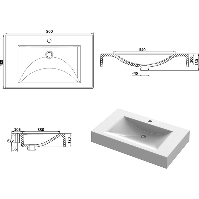 Умивальник Snail Атлант 800 White Matt 163/800A100M (80x48 см, білий матовий, з крилом), Доступні розміри: 80 x 48, Колір виробника: білий матовий, фото , изображение 5