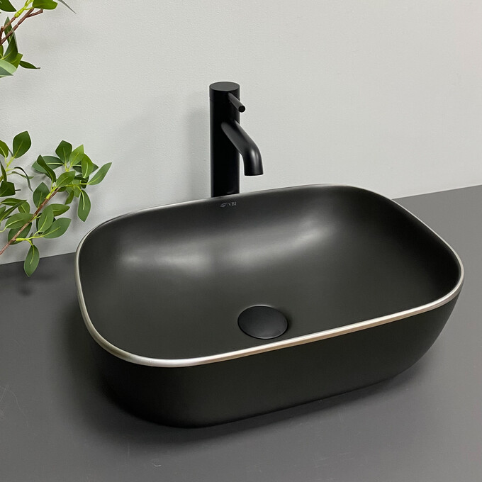 Раковина VBI Ravenna Black Matt Silver Edge VBI-011229 (46x33 см, чорна матова зі срібним бортиком, чаша), Доступні розміри: 45 x 32, Колір виробника: чорний матовий, срібло лінії, фото , изображение 2