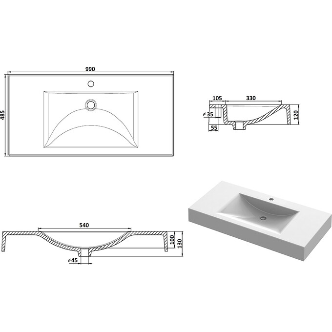 Умивальник Snail Атлант Black Matt 163A200M (99x48 см, чорний матовий, з крилом), Доступні розміри: 99 x 48, Колір виробника: чорний матовий, фото 