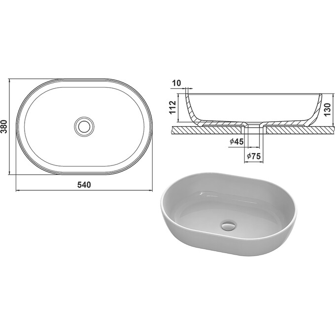 Умивальник Snail Персія White Matt 175A100M (54x38 см, білий матовий, чаша), Колір виробника: білий матовий, фото , изображение 6