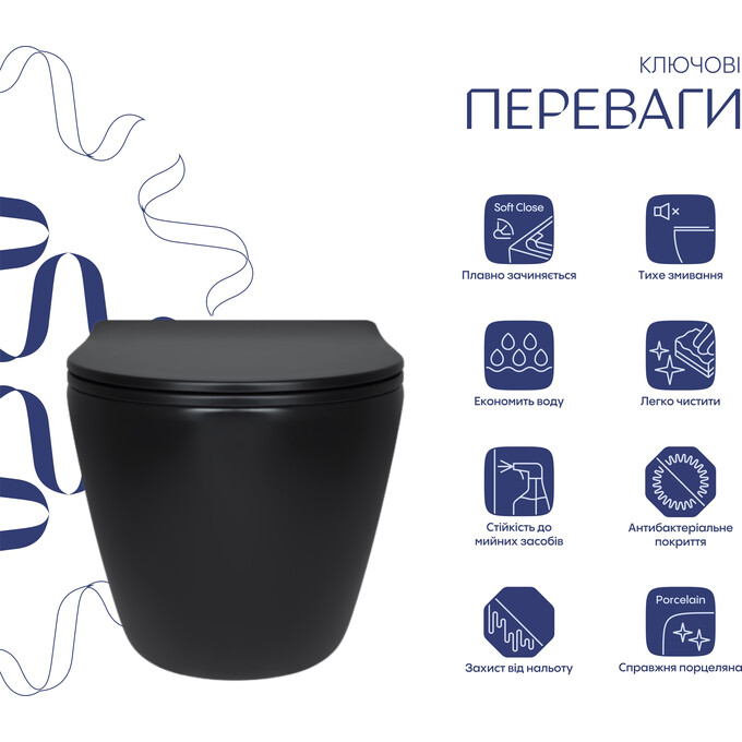 Безободковый подвесной унитаз Qtap Robin New Ultra Quiet QT13332381АSMB (черный матовый, воронкообразный, c сиденьем), фото 5