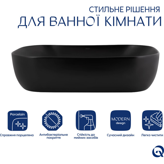 Умивальник Qtap Robin Black Matt QT132143PMBMBN47296 (60x39 см, чорний матовий, чаша, з донним клапаном), фото , изображение 3