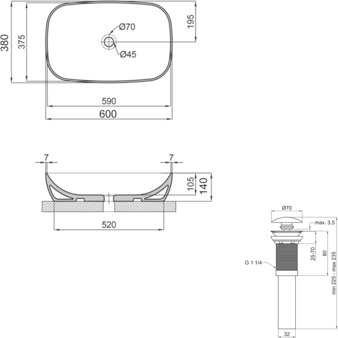 Умивальник Qtap Cardinal White Glossy QT04116257W48465 (60x38 см, чаша, з донним клапаном), Доступні розміри: 60 x 38, Колір виробника: білий глянець, фото , изображение 6