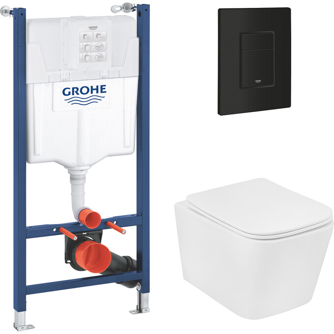 Комплект унитаз с инсталляцией 4 в 1: подвесной унитаз с сиденьем Kroner Eifel Tornado WHI483429 + инсталляция Grohe Rapid Solido 38971000 + клавиша смыва Grohe Even 389662430 + крепление к стене, фото 