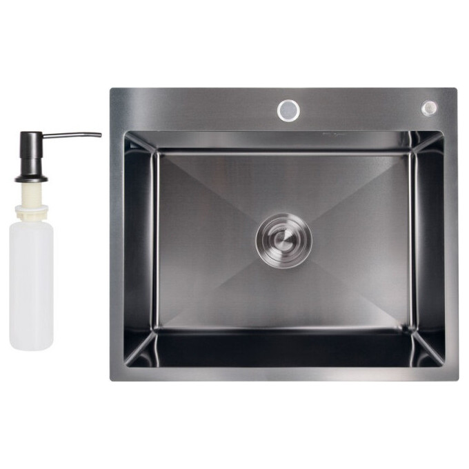 Мойка для кухни Lidz Handmade H6050B Brushed Black PVD LDH6050BPVD4362147527 (60x50 см, брашированная черная, 3.0/1.0 мм, с корзиной, сифоном и дозатором), Доступные размеры: 60 x 50, Цвет производителя: брашированный черный, Тип поверхности: brash (брашированная, матовая), фото 9