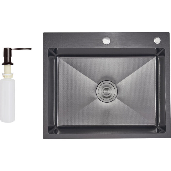 Мойка для кухни Lidz Handmade H6050HB Decor Black PVD Honeycomb LDH6050BDECPVD4837149129 (60x50 см, черный декор, 2.5/0.5 мм, с корзиной, сифоном и дозатором), Доступные размеры: 60 x 50, Цвет производителя: черный декор, Тип поверхности: декор (рифленая), фото 8