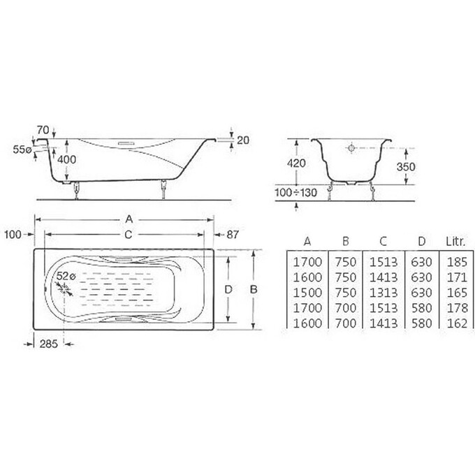 Прямоугольная ванна из чугуна Roca Malibu A23097000R, фото 2