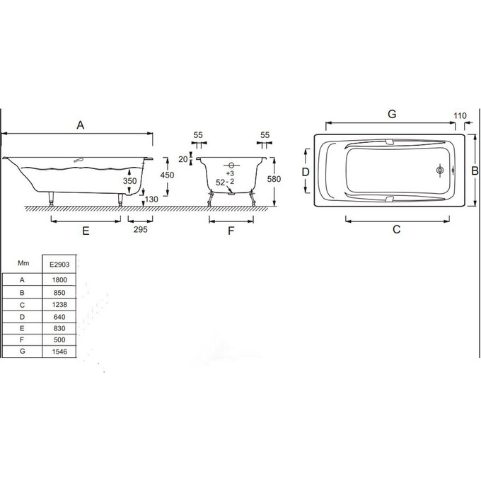 Ванна чугунная с ручками прямоугольная Jacob Delafon Repos E2903-00, фото 2