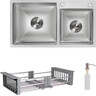 Мойка для кухни Lidz Handmade H7843 Brushed Steel LDH7843BRU3538747525 (78x43 см, брашированная сталь, 3.0/1.0 мм, с корзиной, сифоном и дозатором), Цвет производителя: брашированная нержавеющая сталь, Тип поверхности: brash (брашированная, матовая), фото 